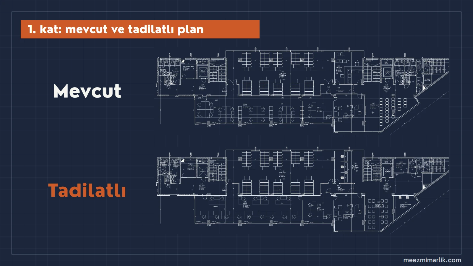 Amasya Tapu ve Kadastro Müdürlüğü 1. kat: mevcut ve tadilatlı plan. 1. kat planı, mevcut ve tadilatlı: tapu arşivi, müdür odası, servis, bekleme-takip ve ön başvuru alanı