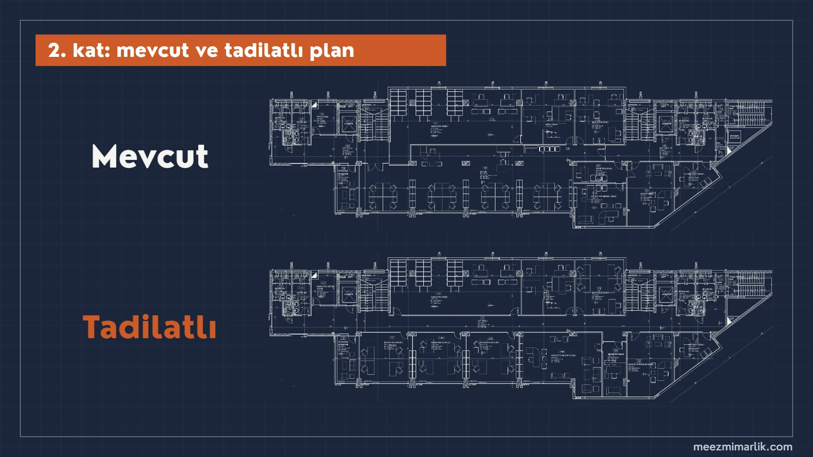 Amasya Tapu ve Kadastro Müdürlüğü 2. kat: mevcut ve tadilatlı plan. 2. kat planı, mevcut ve tadilatlı: kadastro arşivi, kadastro müdür odası, mühendis odası ve kadastro servisleri
