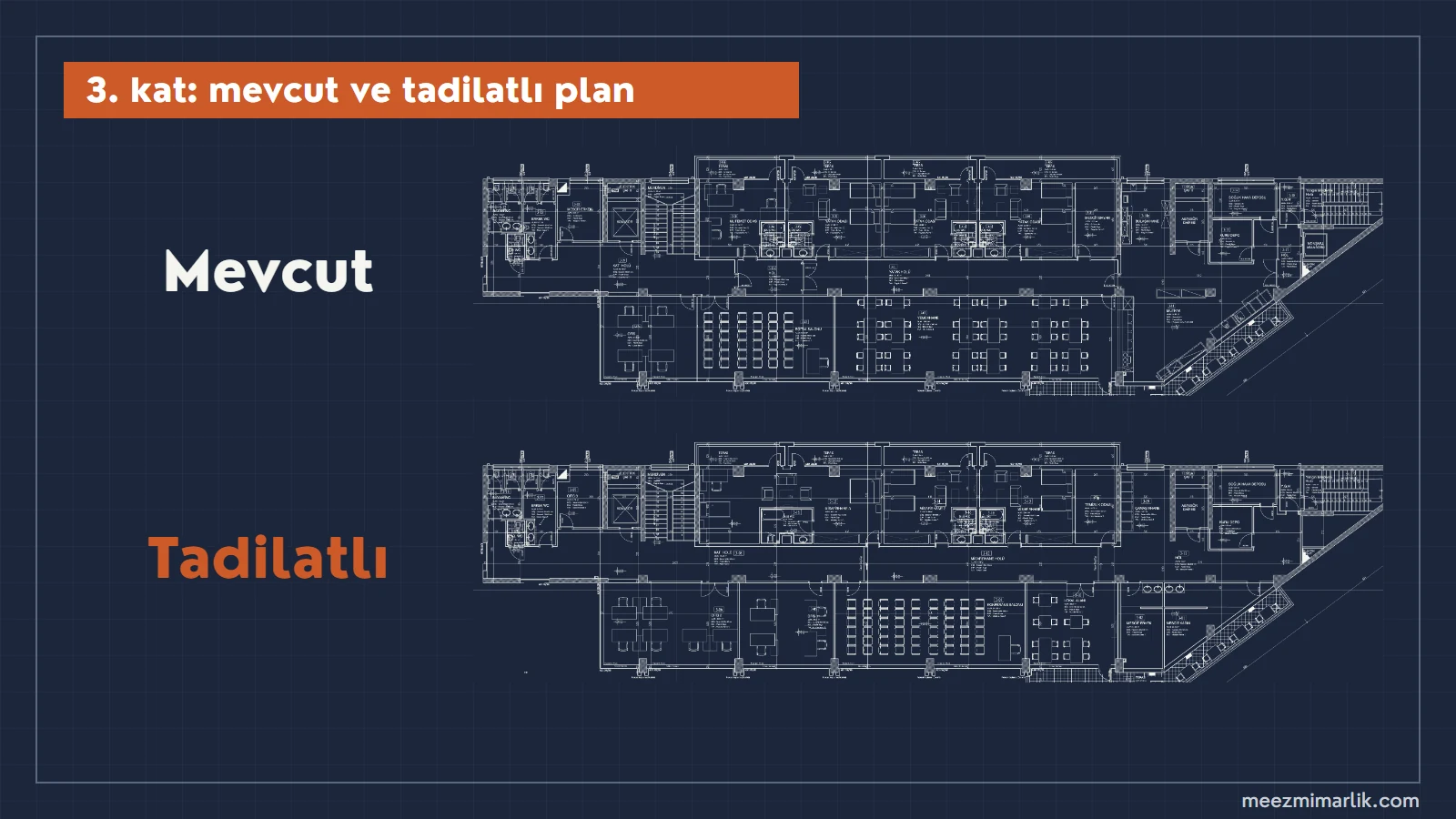 Amasya Tapu ve Kadastro Müdürlüğü 3. kat: mevcut ve tadilatlı plan. 3. kat planı, mevcut ve tadilatlı: misafirhane odaları, konferans salonu, lokal alanı ve mescit