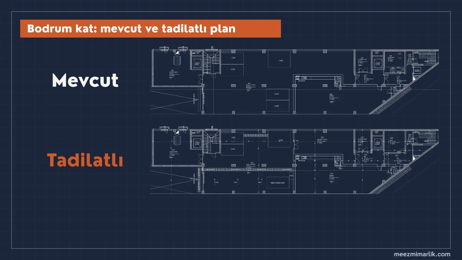 Amasya Tapu ve Kadastro Müdürlüğü bodrum kat: mevcut ve tadilatlı plan. Bodrum kat planı, mevcut ve tadilatlı: kapalı otopark, sığınak, malzeme deposu, kazan dairesi ve araç yıkama alanı