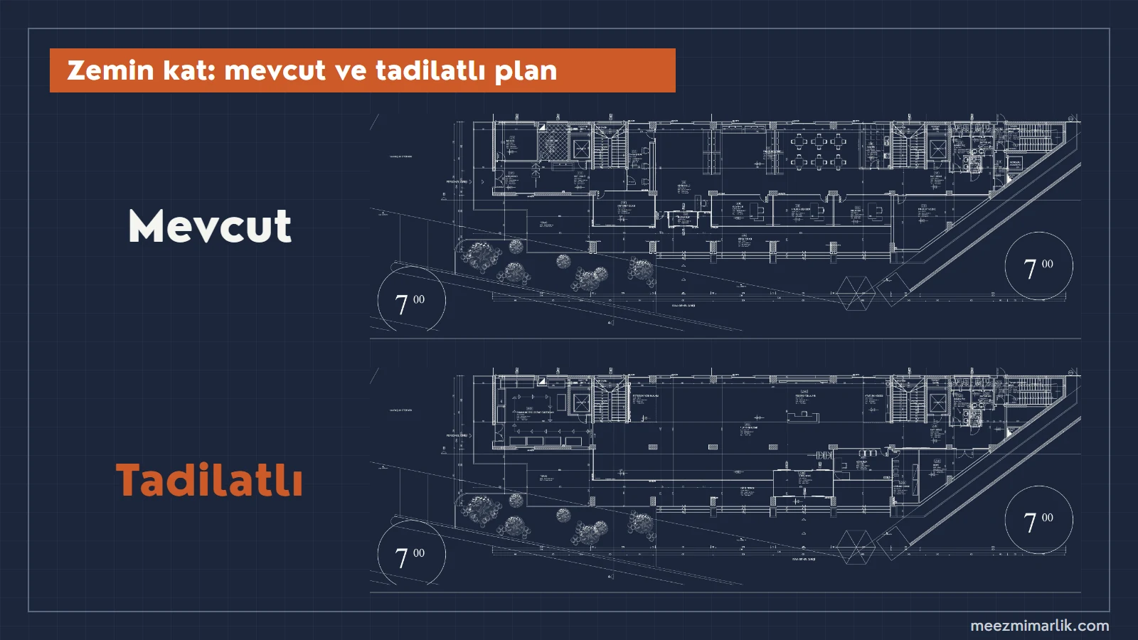 Amasya Tapu ve Kadastro Müdürlüğü zemin kat: mevcut ve tadilatlı plan. Zemin kat planı, mevcut ve tadilatlı: fuaye-bekleme, resepsiyon, Atatürk köşesi, giriş holü ve Zaman Müzesi güzergâhı