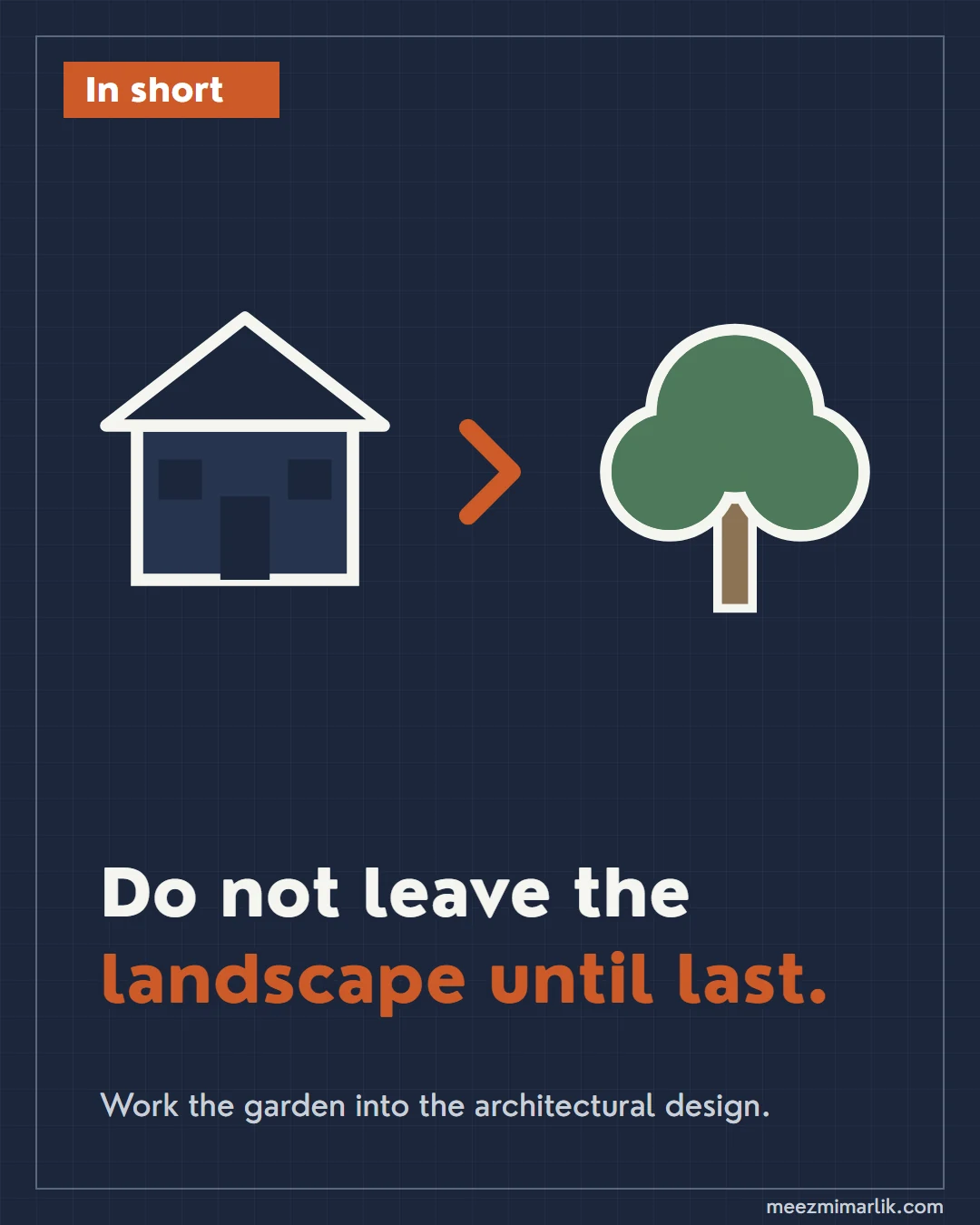 Summary card: do not leave the landscape until last, work the garden into the architectural design