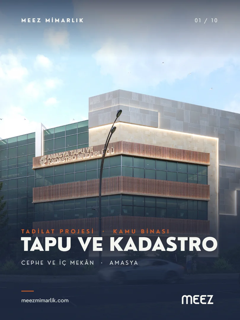 Tapu ve Kadastro Müdürlüğü, Amasya. Tadilat projesi, kamu binası: cephe ve iç mekân.