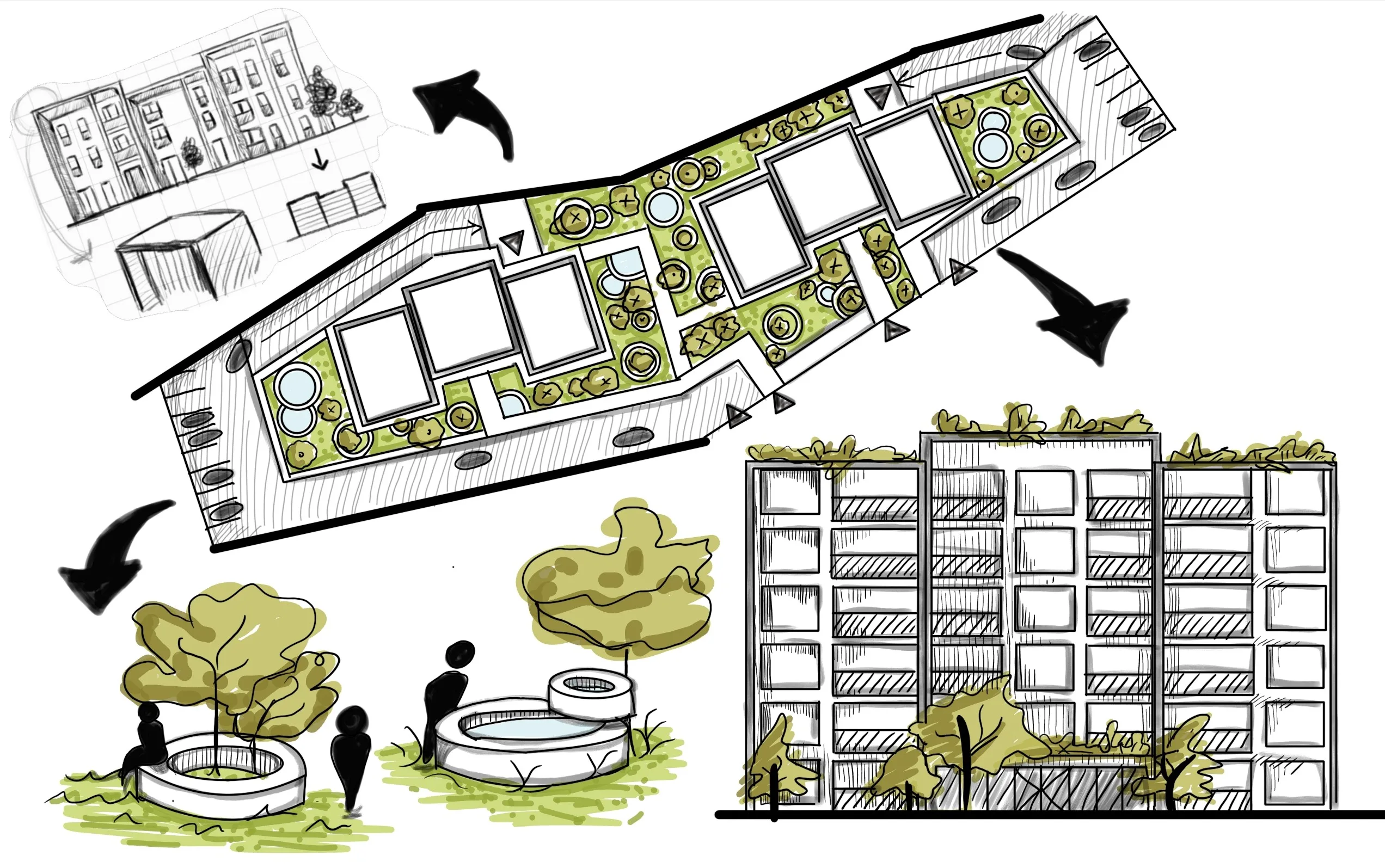 Konsept paftası — vaziyet planında kaydırılmış bloklar ve aralarındaki yeşil avlular, sağda çatı yeşiliyle birlikte blok cephesi etüdü, altta halka biçimli oturma öğeleri ve ağaçlarla peyzaj eskizi