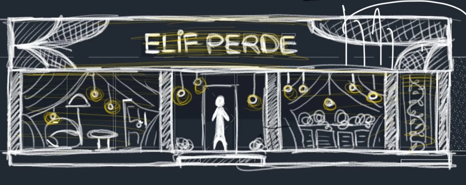 “Elif Perde” cephe ve vitrin eskizi — tabela, sarkıt aydınlatmalar ve iki yandaki vitrin bölmelerinin karakalem çalışması