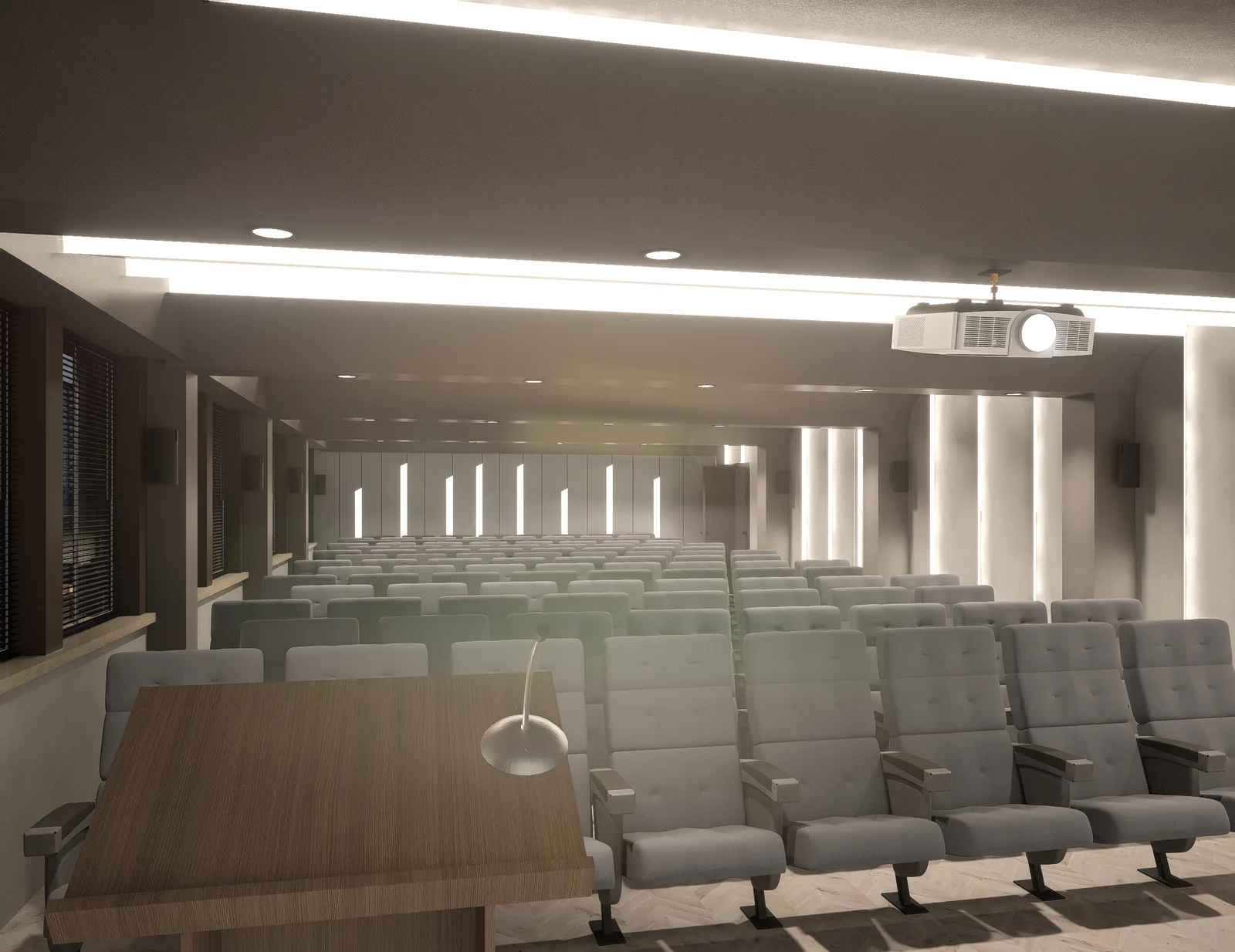 Konferans salonu renderı: konuşmacı masası, koltuklar ve tavandaki ışık hattı. Samsun Tapu Kadastro Misafirhanesi
