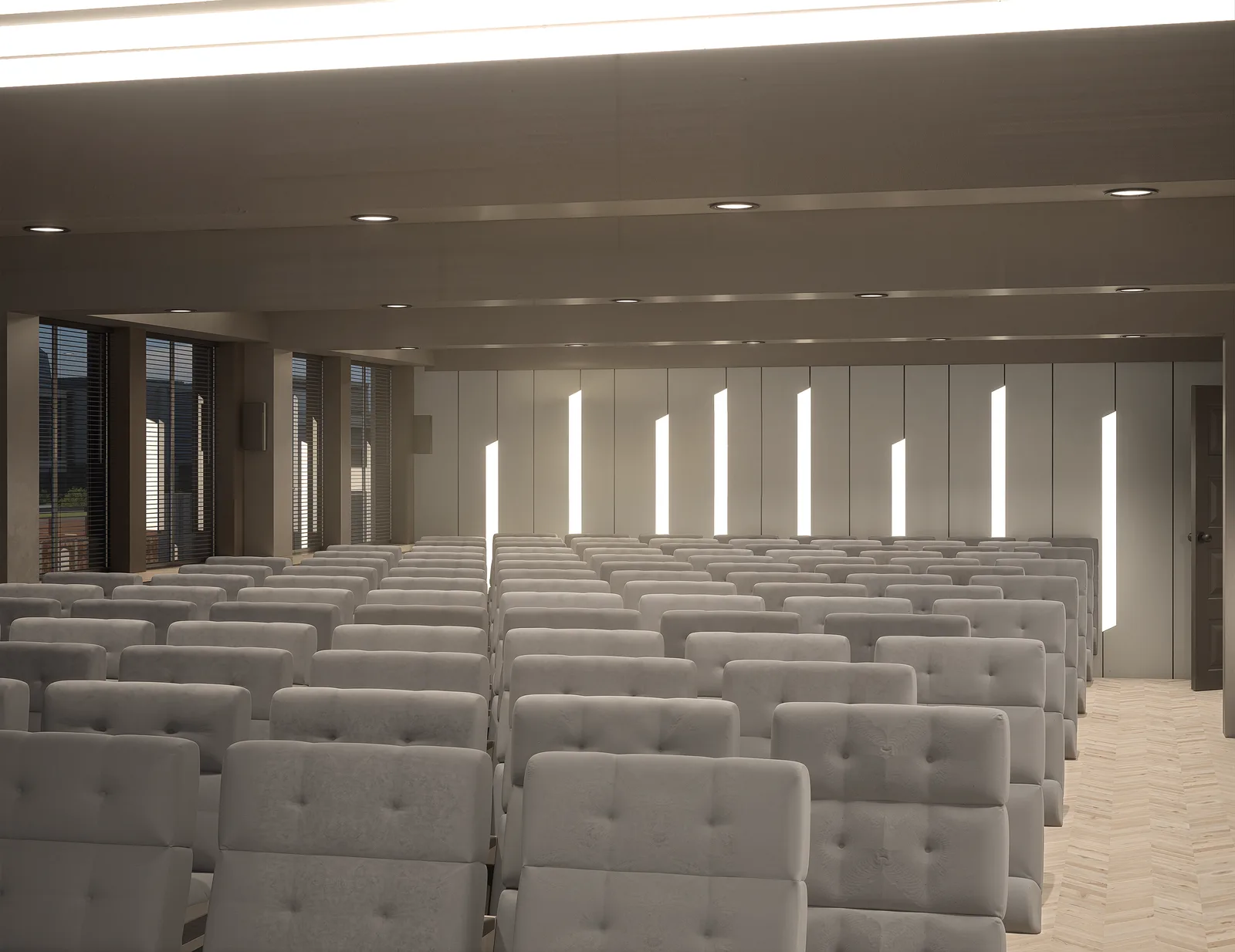 Konferans salonu renderı: koltuk sıraları ve ön duvarda dikey ışık bantları. Samsun Tapu Kadastro Misafirhanesi