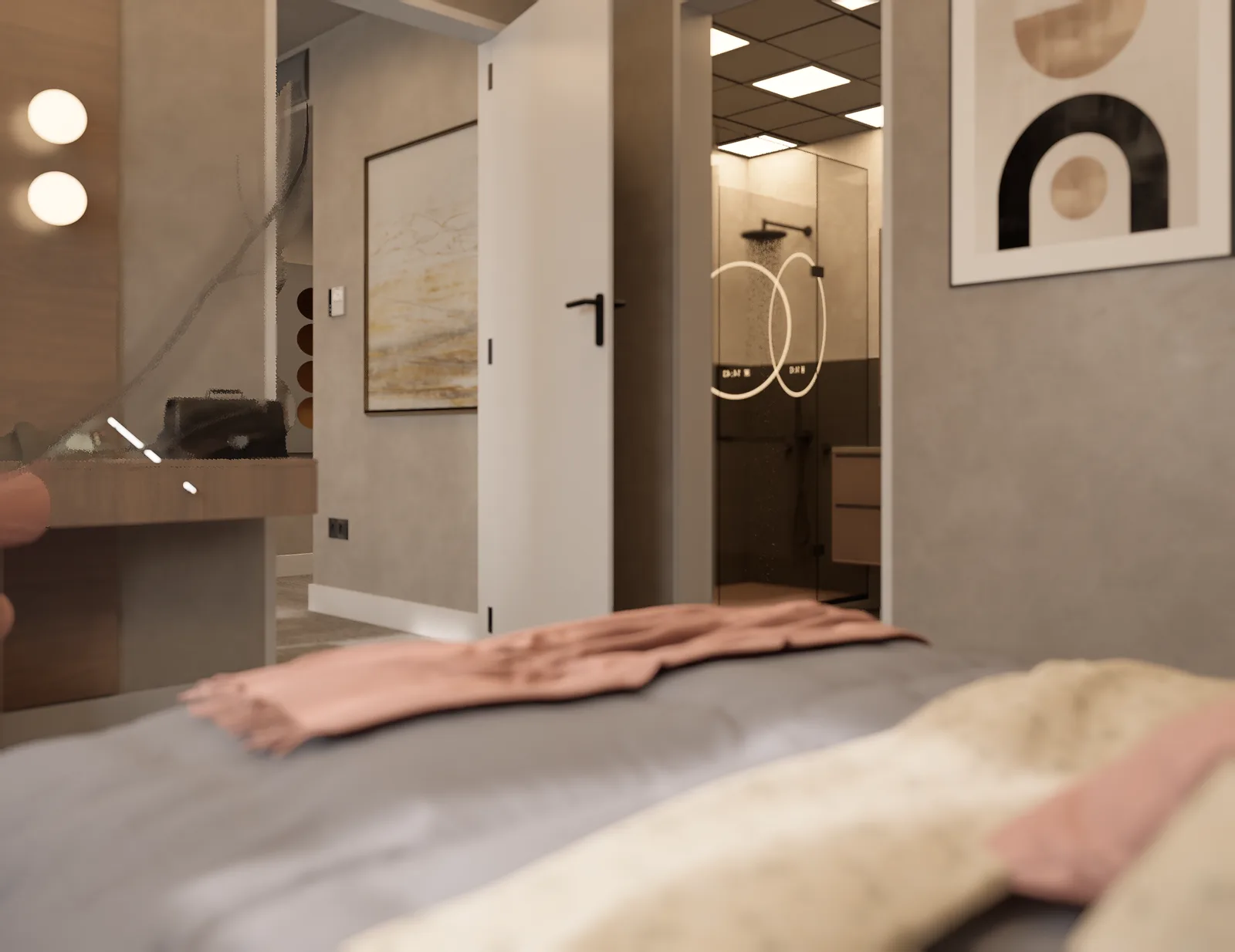 Konaklama odasında yatak ucu renderı. Banyo kapısı ve duvarda sanat panosu. Samsun Tapu Kadastro Misafirhanesi
