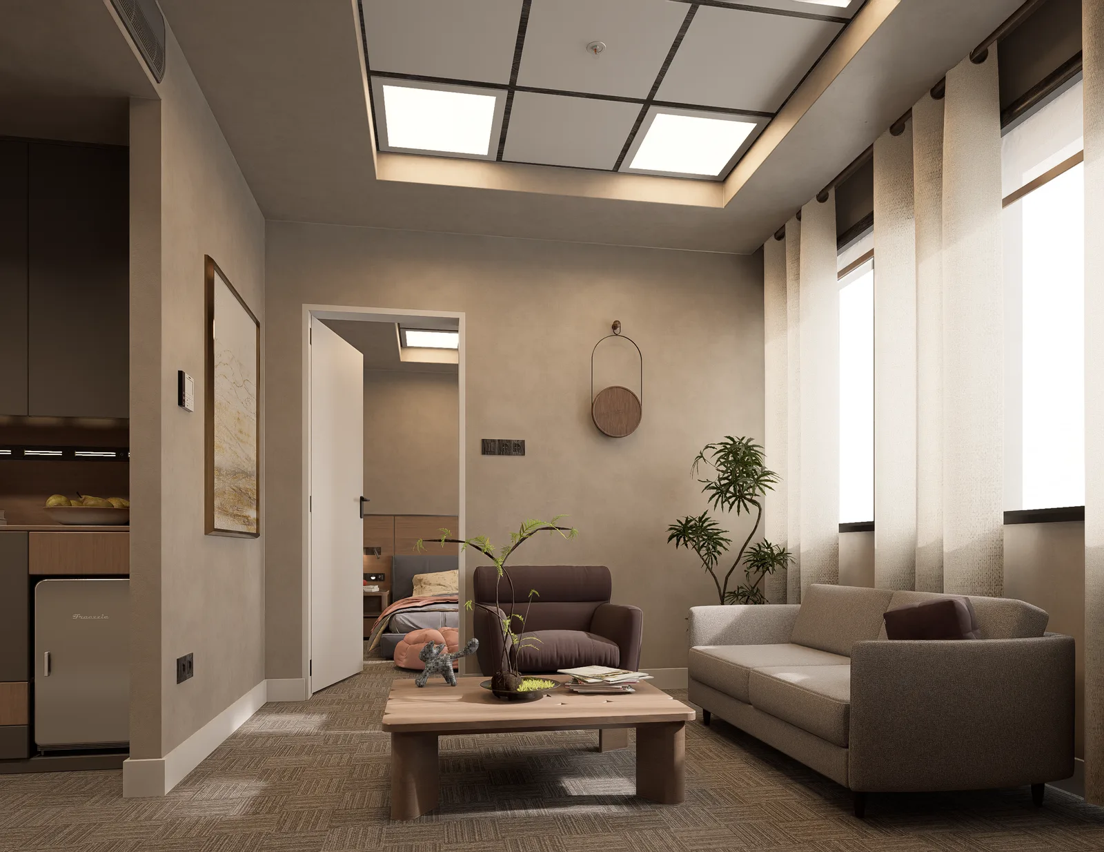 Konaklama odasında oturma alanı ve yatak renderı. Banyo kapısı açık. Samsun Tapu Kadastro Misafirhanesi
