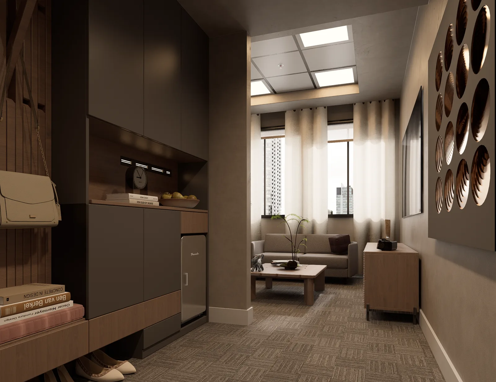 Konaklama odasında mini bar nişi ve oturma alanı renderı. Dolap yüzeyleri, perdeli pencereler ve sehpa. Samsun Tapu Kadastro Misafirhanesi